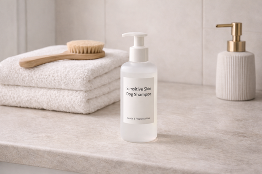 Minimal neutral bathroom scene with gentle dog shampoo bottle, soft towel, and grooming brush arranged neatly to represent a low-irritation bath routine