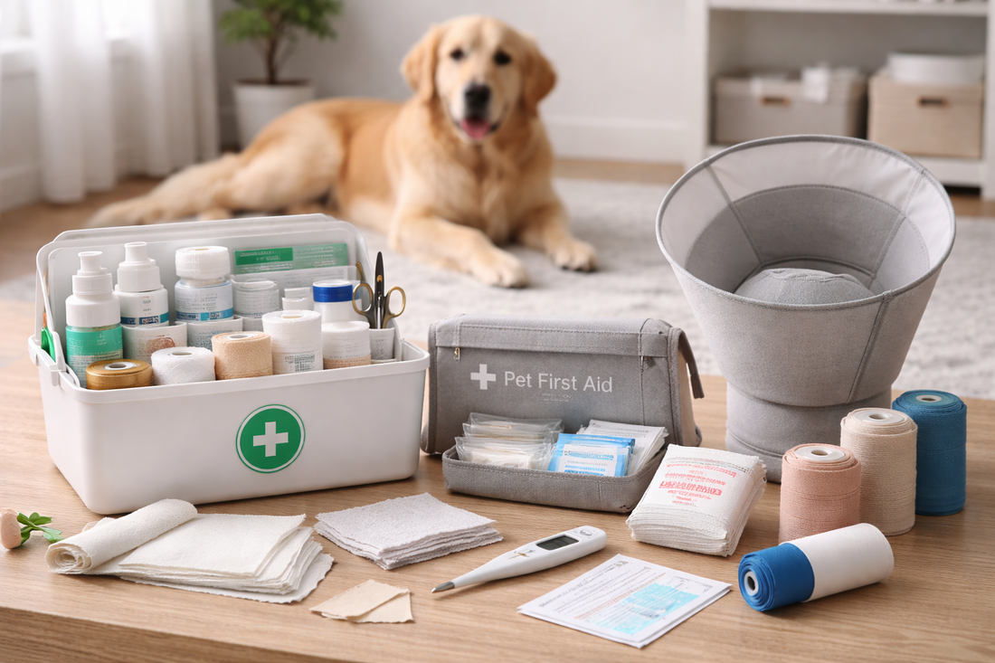 pet wound care first aid supplies with gauze bandages and recovery collar arranged on a table with a dog resting in the background