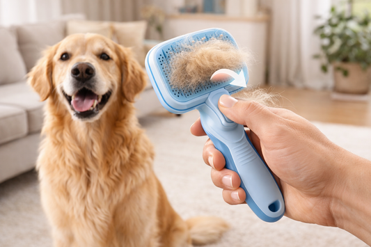 self-cleaning dog grooming brush removing loose fur from a golden retriever during indoor grooming session