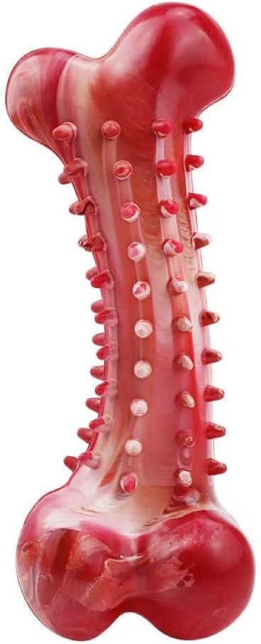 Natural Rubber Dog Chew Toy, Red, Dental Cleaning Bone with Bump Design, Teeth Grinding Stick (Beef Flavor)