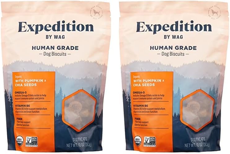 Amazon Brand - Wag Expedition Human Grade Organic Biscuits Dog Treats, Non-GMO, Gluten Free, Pumpkin & Chia Seed, 10oz (Pack of 2)