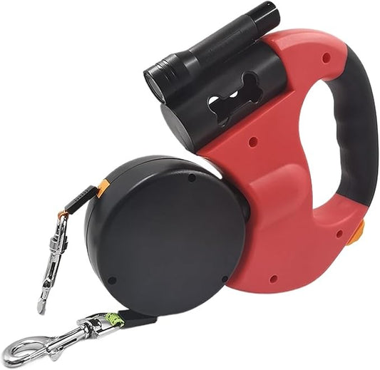 Premium Retractable Double Dog Leash for Small Dogs Reflective 360 Swivel No Tangle with LED Lights for Night Walking Safety(Red-3M)