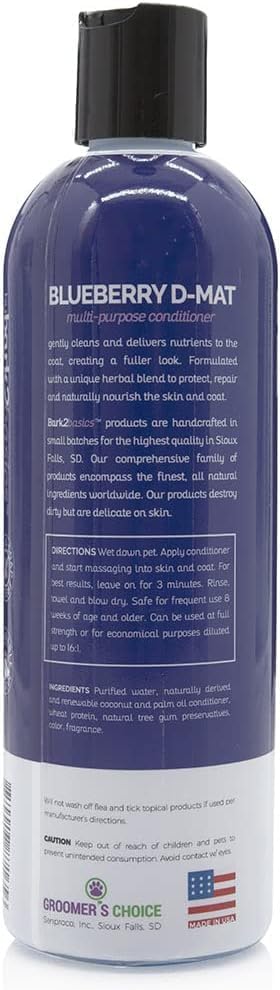 Bark2Basics Blueberry D-Mat Dog Conditioner, 16 oz - Natural Ingredients, Multi-Purpose, Static Eliminating, Loosens Tough Mats and Tangles, Aids in deShedding