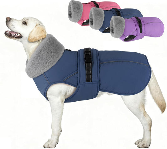 PETDSH Dog Coat Large, Windproof Dog Jacket with Warm Fleece Lining, Thickened Collar Dogs Winter Coat, Adjustable Reflective Pet Coats for Cold Weather (Navy Blue, X-Large)