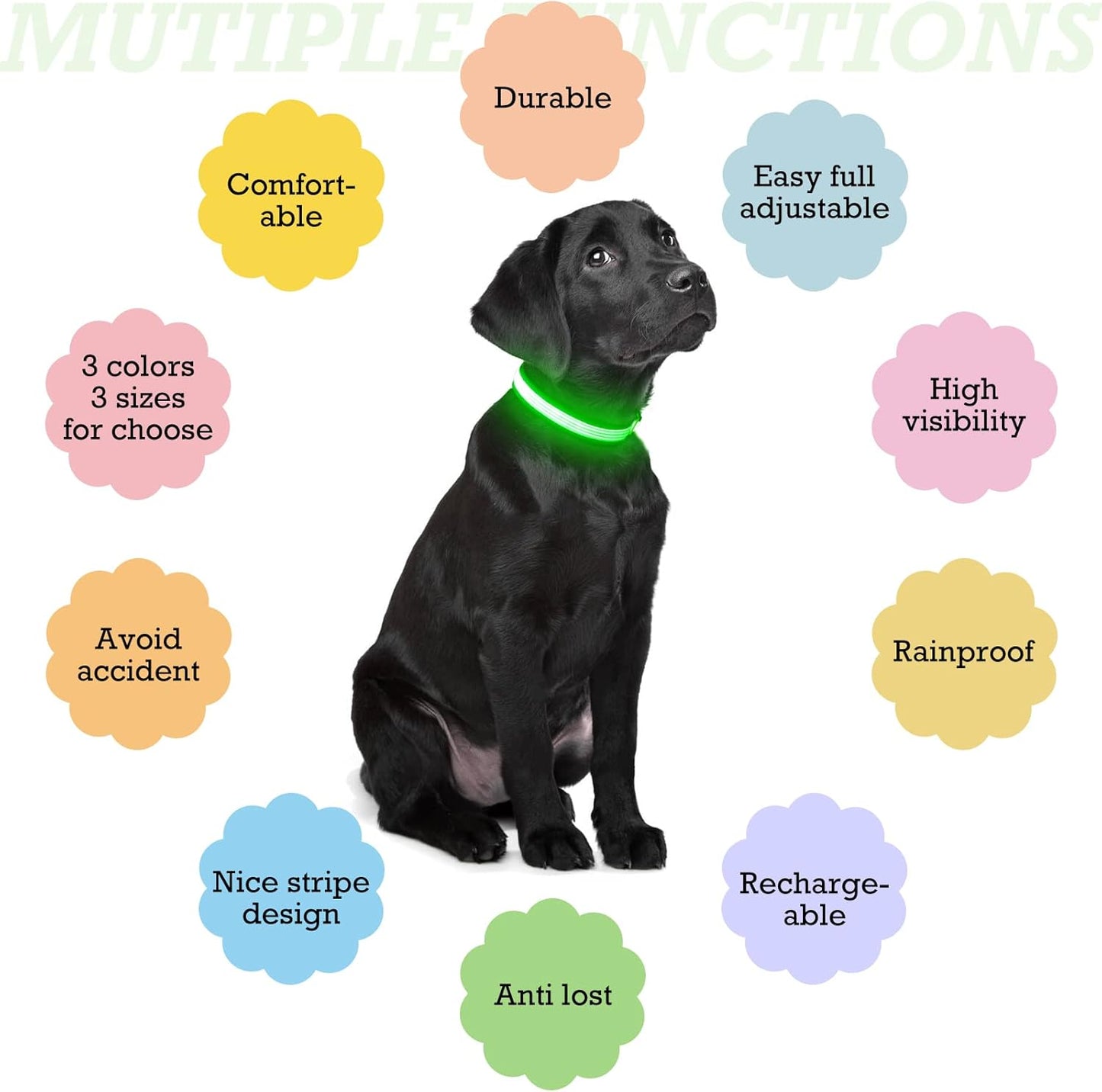 YFbrite Full Adjustbale LED Dog Collar, Full Illuminated Light up Dog Collars, Reflective Dog Collar Light Glowing in The Dark for All Dogs Safety (Medium, Green-2)