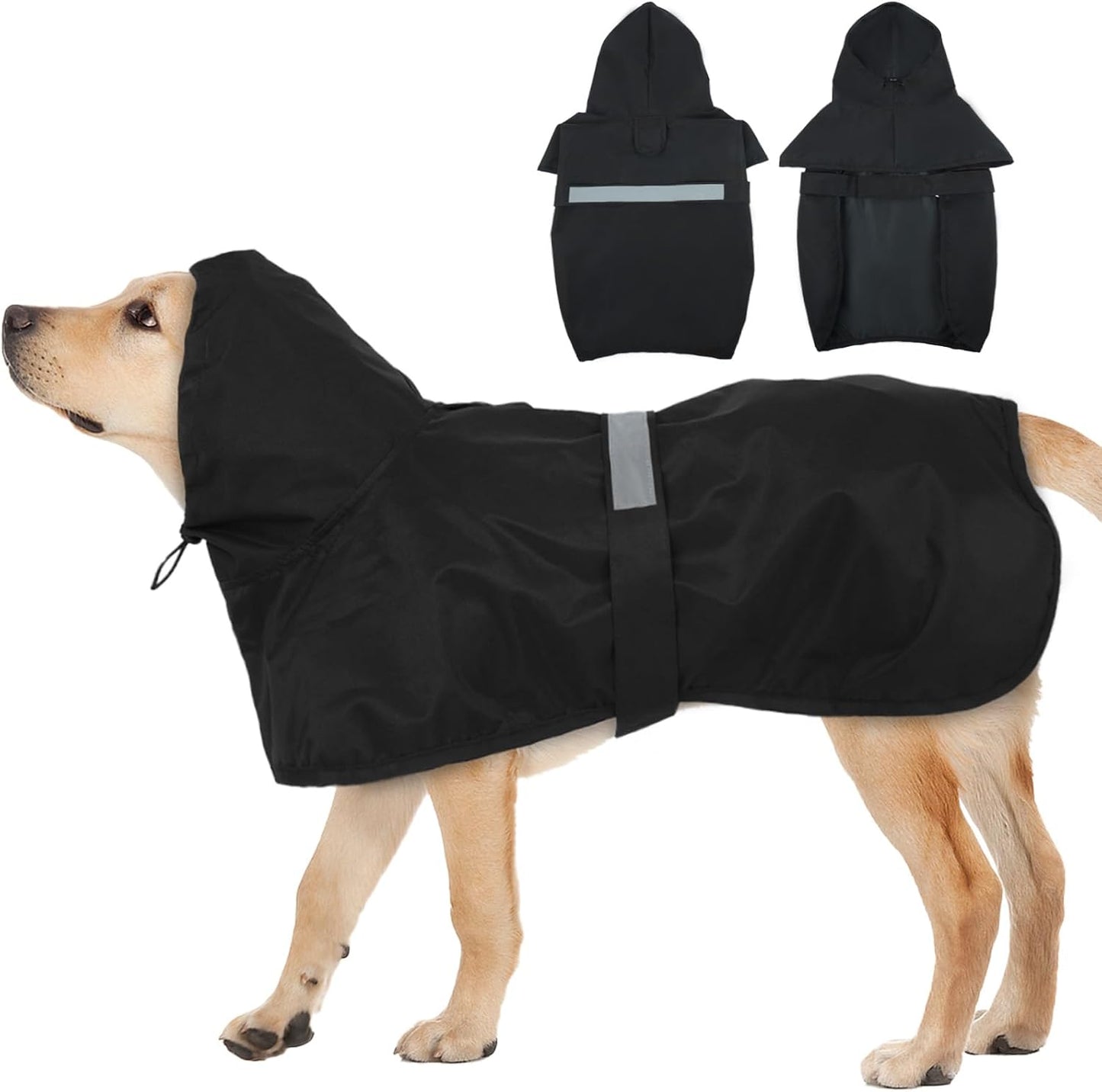 MIGOHI Dog Rain Jacket, Reflective Rain Coat for Medium Dogs | Adjustable Hind Leg Straps Rainproof, Waterproof & Windproof Coat for Rainy Days, Dog Poncho with Back Leash Hole, Black, 2XL