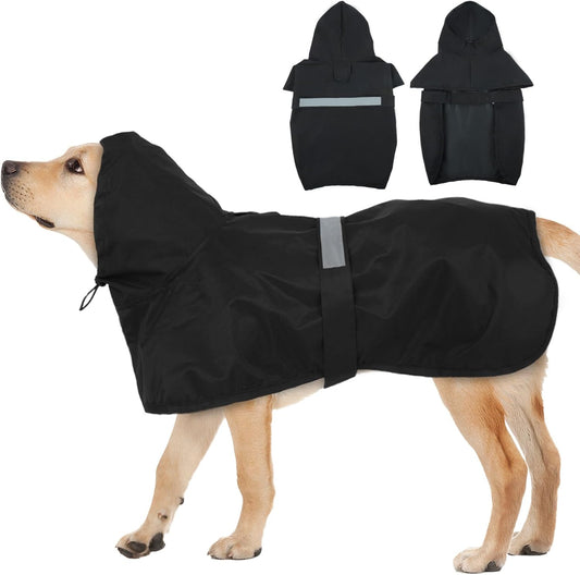 MIGOHI Dog Rain Jacket, Reflective Rain Coat for Medium Dogs | Adjustable Hind Leg Straps Rainproof, Waterproof & Windproof Coat for Rainy Days, Dog Poncho with Back Leash Hole, Black, 2XL