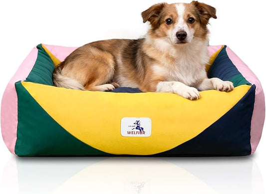 Orthopedic Warm Dog Bed, Durable 290GSM Pure Cotton Canvas, Removable & Washable Cover, Easy Clean, Cozy & Safe, Color Block Patchwork Design for Large Dog Beds, Pet Couch (Medium)