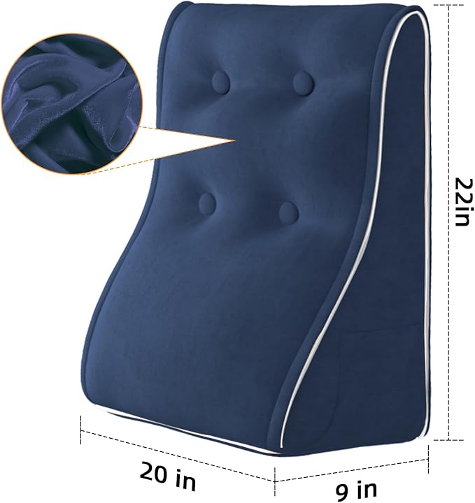 Bed Wedge Pillow for Headboard Triangle Pillow Wedge Set for Sitting in Bed Acid Reflux, Post Surgery and Snoring (Velvet Deep-Blue)