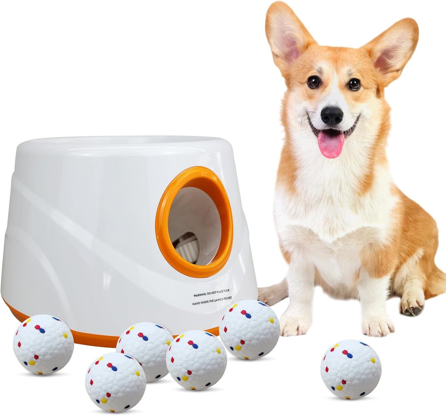 Automatic Ball Launcher for Dogs with 6pcs 2.3 Inch Etpu Tennis Balls,Thrower Distance 20-45ft,interacive Dog Toys for Indoor/Outdoor for Small Or Medium Dogs (White) (Orange)