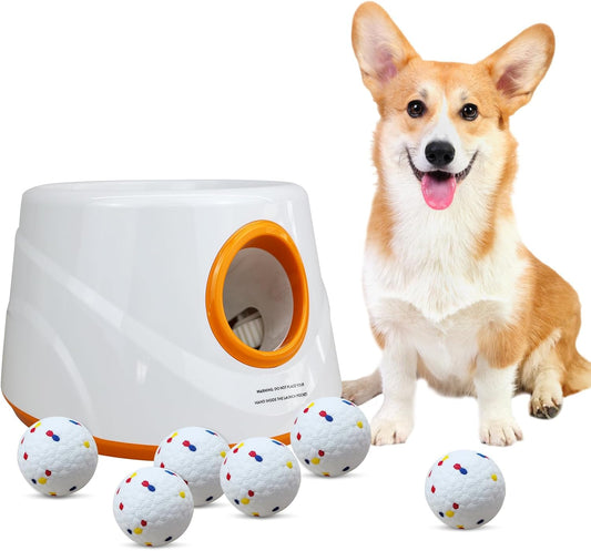 Automatic Ball Launcher for Dogs with 6pcs 2.3 Inch Etpu Tennis Balls,Thrower Distance 20-45ft,interacive Dog Toys for Indoor/Outdoor for Small Or Medium Dogs (White) (Orange)