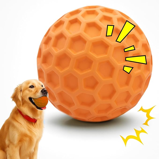 Durable Indestructible Squeaky Dog Ball for Aggressive Heavy Chewers, Unbreakable Tough Natural Rubber Dog Toy, Bouncy Interactive Ball for Medium & Large Dogs, Safe for Teeth & Gums (Orange)