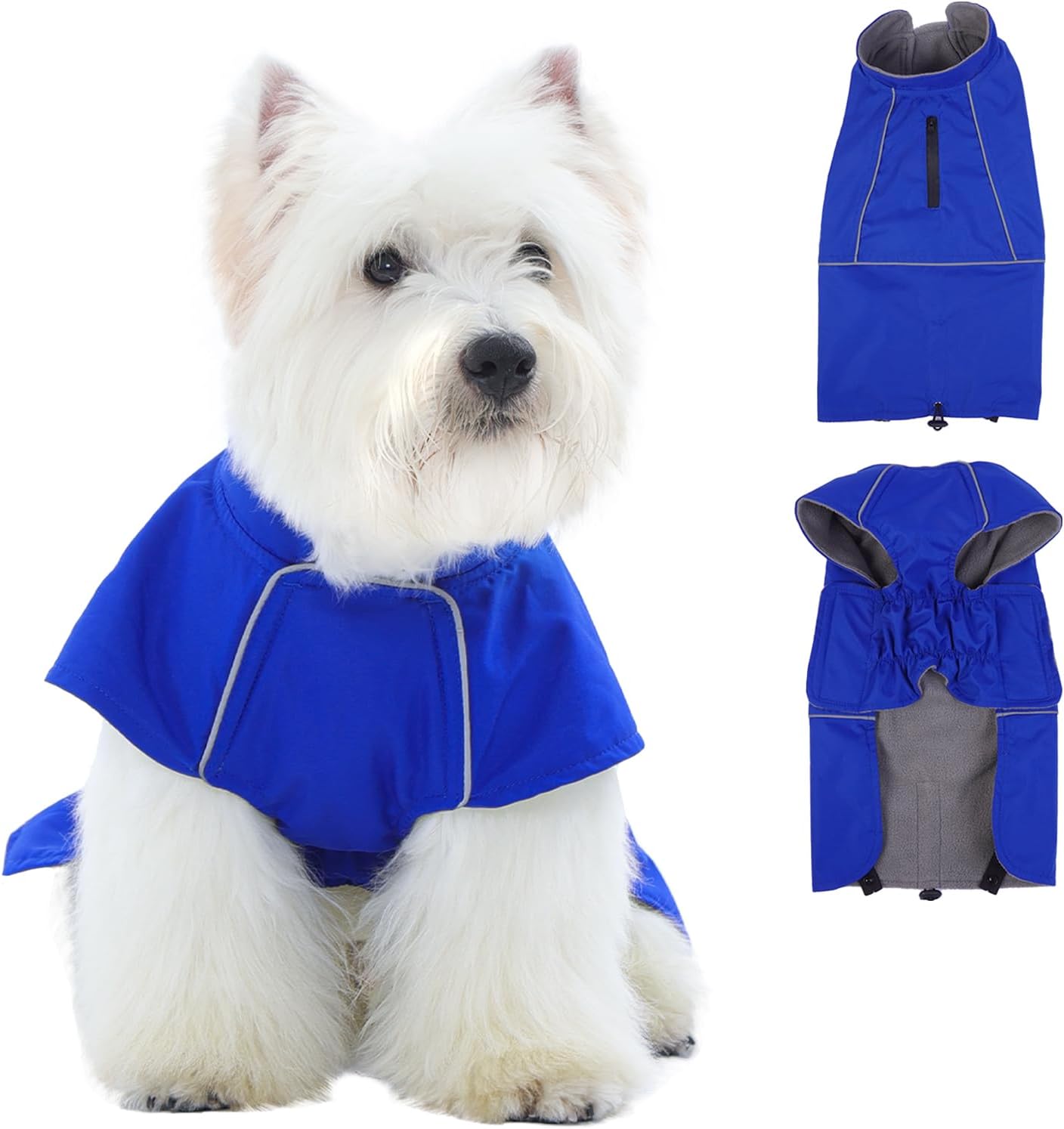 ROZKITCH Dog Rain Jacket, Waterproof Jacket with Fleece Liner and Leash Hole Reflective Strip for Small Medium Dog, Adjustable Winter Coats Poncho Vest for Outdoor Hiking Travel Blue M
