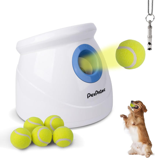 Pet Prime Automatic Ball Launcher for Large Dogs，Adjustable 10-40ft Distance,Rechargeable Dog Ball Thrower with 6 Tennis Balls(2.5") & Training Whistle,Interactive Toy for Indoor/Outdoor Play
