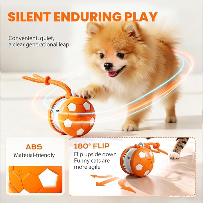 Interactive Dog Balls, Electric Moving and Rolling Enrichment Dogs Ball with Rope, Interactive Pet Ball for Small Medium Large Dogs, Automatic Dog Balls to Keep Them Busy (Orange)