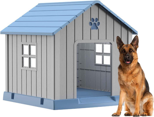 EasyUp Dog House Outdoor Indoor,Dog House Weatherproof Resin Shelter with Air Vents and Elevated Floor for Small Medium Large Dogs,Easy Clean and Assemble(31.18 * 33.7 * 32.52in, Blue)