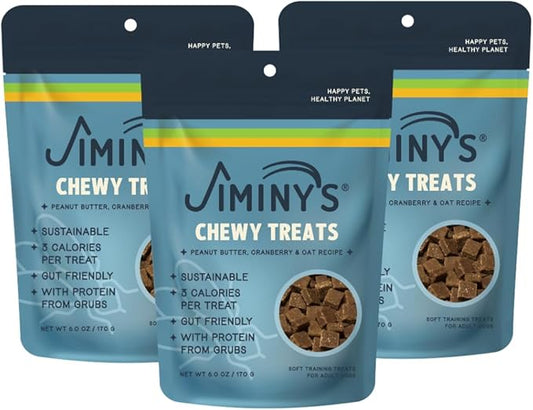 Jiminy's Chewy Training Treats for Dogs, Low Calorie, Hypoallergenic Insect Protein, Made in USA, 6oz, Peanut Butter & Cranberry (Pack of 3)