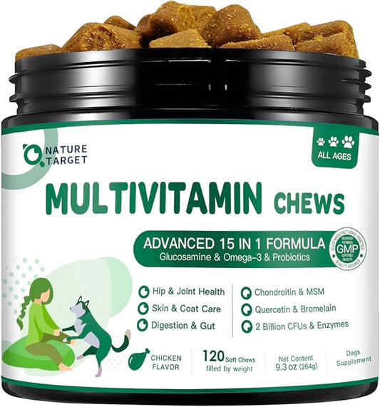 NATURE TARGET Multivitamin for Dogs - with MSM & Glucosamine, Omegas 3 & 6, Probiotics for Digestive Health, Joint Support, Skin & Coat, Immune System & Overall Health 120 Soft Chews