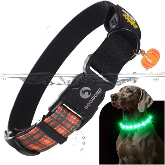 DOGWONG LED Dog Collar - Fall Orange Plaid Heavy Duty Light up Dog Collars - Rechargeable Waterproof - Lighted Dog Collars for Night Walking, Hiking, Camping(Orange Plaid,M)