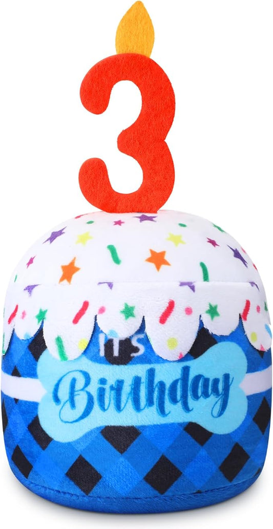 Dog 3rd Birthday Cake Toy Accessories for Girl Boy Gifts, Blue Grid Squeaky Plush Toy for Dog Birthday Party Decor Favor for Large, Medium and Small Dogs