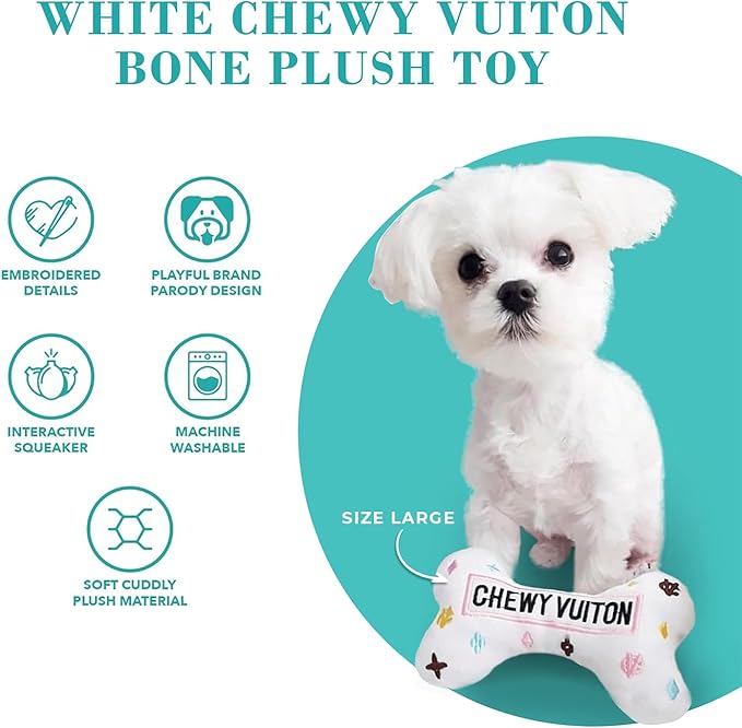 Haute Diggity Dog White Chewy Vuiton Bone, Plush Designer Dog Toys with Interactive Squeaker, Stimulating Pet Enrichment, Machine-Washable & Safe Materials for All Breeds, Size XL