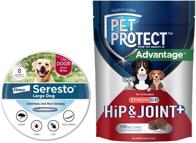 Bundle of Seresto Large Dog Collar for Dogs Over 18 lbs. + Pet Protect Hip & Joint Supplement for Dogs 60 Chews