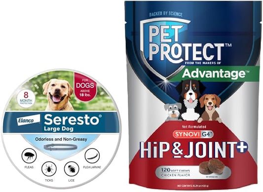 Bundle of Seresto Large Dog Collar for Dogs Over 18 lbs. + Pet Protect Hip & Joint Supplement for Dogs 60 Chews