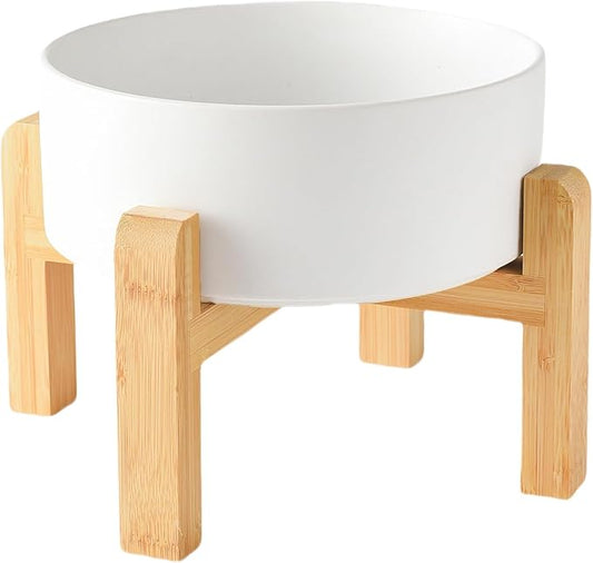 8'' Ceramic Raised Dog Bowl - 70Oz Dog Food & Water Bowl with Elevated Non-Slip Bamboo Stand, Dishwasher & Microwave Safe, Anti Vomiting Heavy Duty Pet Bowl for Medium and Large Dogs, White