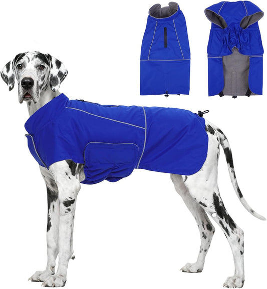 ROZKITCH Great Dane Costumes, Waterproof Windproof Dog Rain Jacket with Fleece Liner and Leash Hole Reflective Strip for Large Giant Dog, Adjustable Poncho Vest for Outdoor Hiking Travel Blue 4XL
