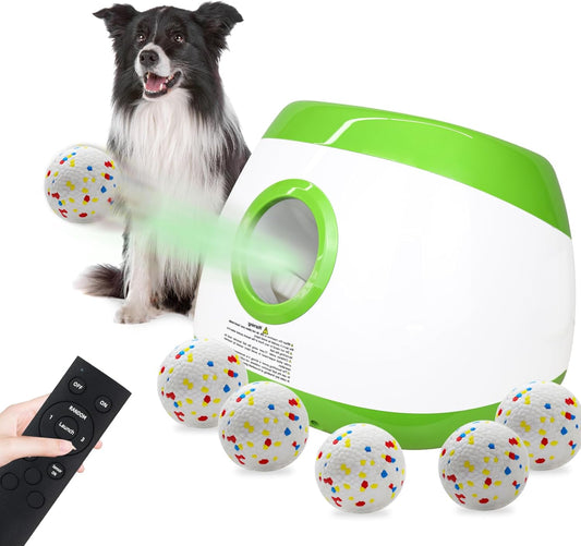 SOCO Automatic Ball Launcher for Dogs Large- 3 Distance Settings (40/60/80FT) w/Remote Control | 2.5" ETPU Tennis Balls | Indoor/Outdoor Dog Toy | 6 Balls & Quick Charge Included