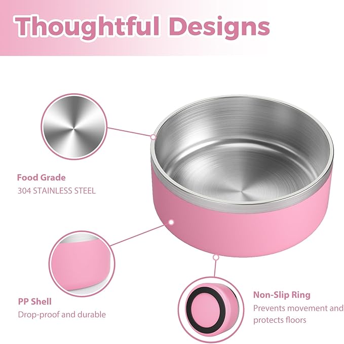 Stainless Steel Dog Bowl, Metal Water and Food Dish for Large Dogs, Insulated Non-Slip Pet Bowl, Easy Clean, 64oz, Pink