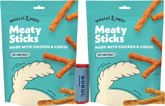 Wiggles & Wags Meaty Sticks Soft Chews, Dog Treats Sticks, Chicken & Cheese Dry Puppy Food - 6oz (Pack of 2), Bundled with Poop Bag