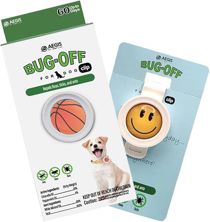 Bug-Off Clip for Dogs [2 Pack] Repels Flea, Tick & Ants for 60 Days, Natural Flea and Tick Repellent Collar [Made in Korea] Aegis by KN FLAX (Basketball & Smile)