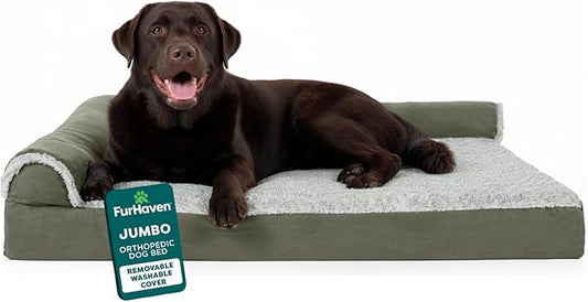 FurHaven Orthopedic Dog Bed for Large Dogs, L-Shaped Chaise Mattress with Orthopedic Egg Crate & Solid Orthopedic Foam Base for Joint Support, Washable Cover, Jumbo XL, Faux Fur & Suede, Dark Sage