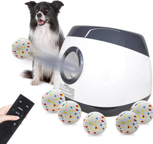 SOCO Automatic Ball Launcher for Dogs Large- 3 Distance Settings (40/60/80FT) w/Remote Control | 2.5" ETPU Tennis Balls | Indoor/Outdoor Dog Toy | 6 Balls & Quick Charge Included