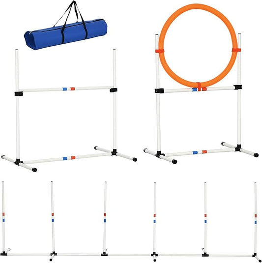 Aosom PawHut 3PC Dog Agility Equipment Set, Obstacle Course Exercise for Dog Include Adjustable Hurdle, Hoop, Weave Poles and Carry Bag