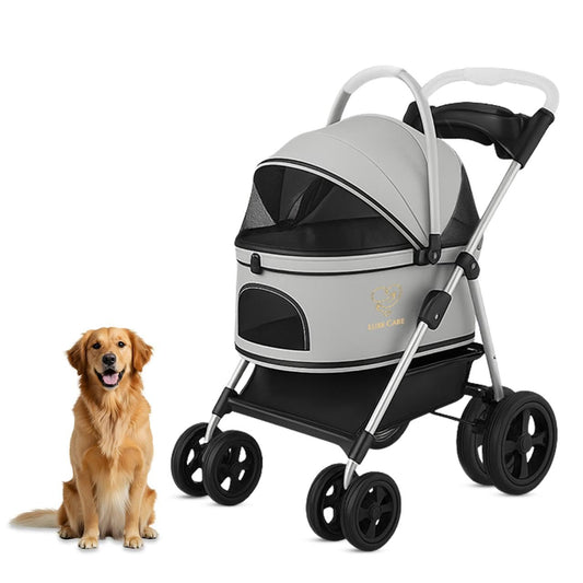 Luxe Haus 4 Wheel Foldable Pet Stroller - Lightweight Dogs and Cats Stroller Upto 50lbs with Mesh Canopy, Storage Basket and Cup Holder, Durable for Walks and Outings (Medium)