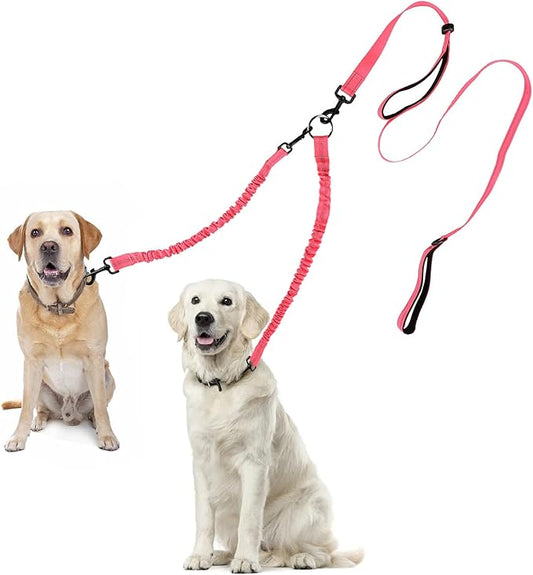 Dual Dog Leash, Double Dog Leash, 360° Swivel No Tangle Dog Walking Leash for 2 Dogs up to 200lbs, Comfortable Adjustable Dual Padded Handles (Pink)