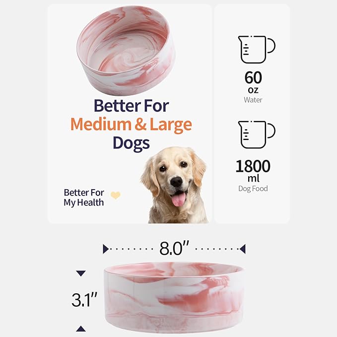 Elevated/Raised Dog Bowl Ceramic for Medium Large Sized Breed,Dog Food Water Bowl with Stand,8 in 7.6 Cups Non Slip Heavy Weighted Marble Pink