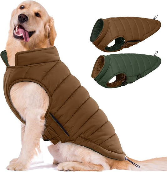 Lelepet Reversible Dog Coat Waterproof Dog Jacket Windproof Puffer Vest for Winter Warm Lightweight Coats for Large Dogs Adjustbale Hook & Loop Pet Apparel with Leash Hole, Pitbull, Brown, XL