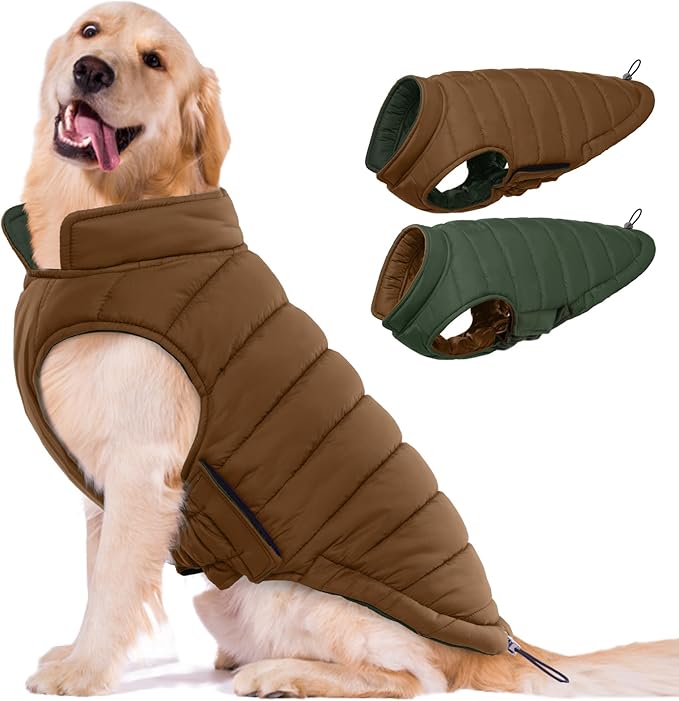 Lelepet Reversible Dog Coat Waterproof Dog Jacket Windproof Puffer Vest for Winter Warm Lightweight Coats for Medium Dogs Adjustbale Hook & Loop Pet Apparel with Leash Hole, French Bulldog, Brown L