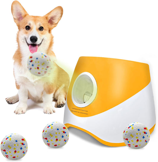 Automatic Ball Launcher for Dogs with Random Mode, 3 Settings to 45FT, Rechargeable Dog Ball Thrower with 4 ETPU Tennis Balls for Small Medium Breeds