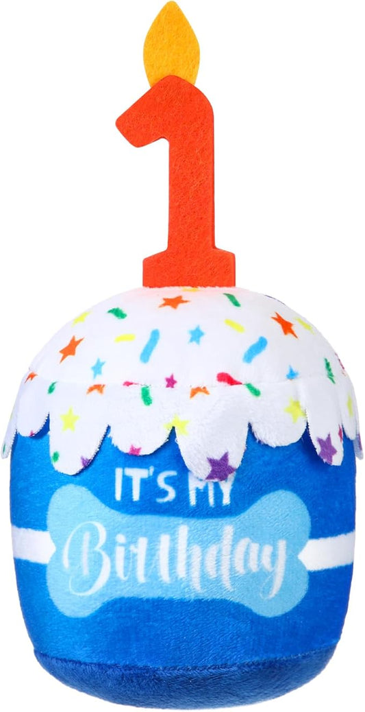 Dog Birthday Cake Toy Accessories for Girl Boy Gifts, Squeaky Plush Toy for Dog Birthday Party Decor Favor for Large, Medium and Small Dogs (1st,Blue)