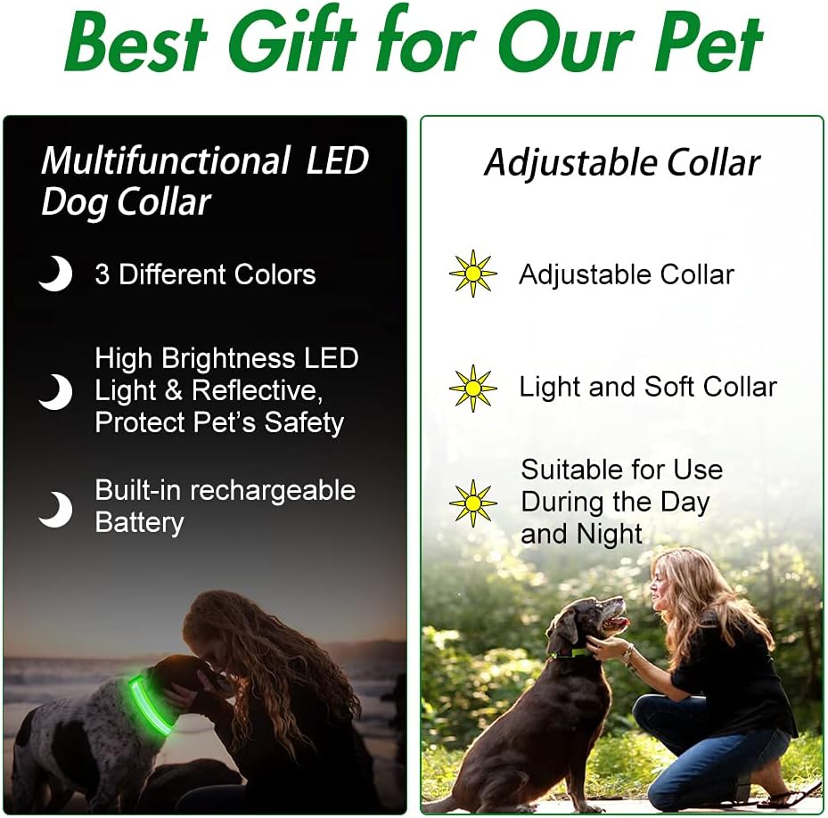 YFbrite Ultra Light Adjustable LED Dog Collar, Light up Dog Collars Rechargeable Glowing in The Dark Collars Visiblity & Safety for Small, Medium, Large Dogs (Green, Medium)