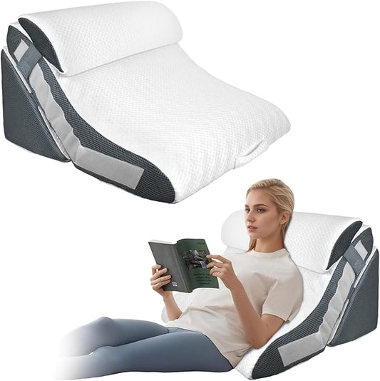 3PCS Wedge Pillow Set for After Surgery, Wedge Pillow for Acid Reflux Relief, Adjustable 9&12inch for Headboard, Orthopedic Memory Foam for Neck&Back Support, White/Grey