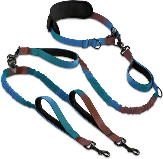 SparklyPets - Hands Free Dual Dog Leash for Medium and Large Male Dogs - Padded Handles, Reflective Stitches, No Pull, Tangle Free - Walking, Hiking, Jogging, Canicross Waist Leash - Gradient Blue