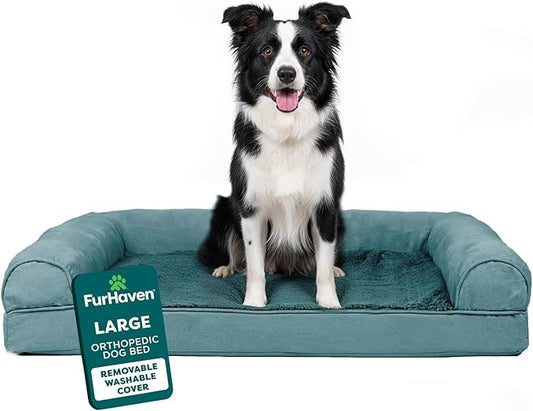 FurHaven Orthopedic Dog Bed for Large Dogs, Sofa Contour Mattress with Egg Crate with a Solid Orthopedic Foam Base for Joint Support, Removable Washable Cover, Large, Plush & Suede, Deep Pool