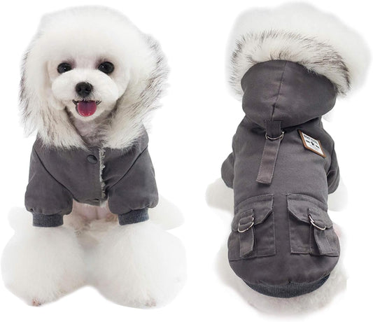 Warm Dog Hooded Trench Coat Windproof Parka Jacket for Cold Weather (L, Black Grey)