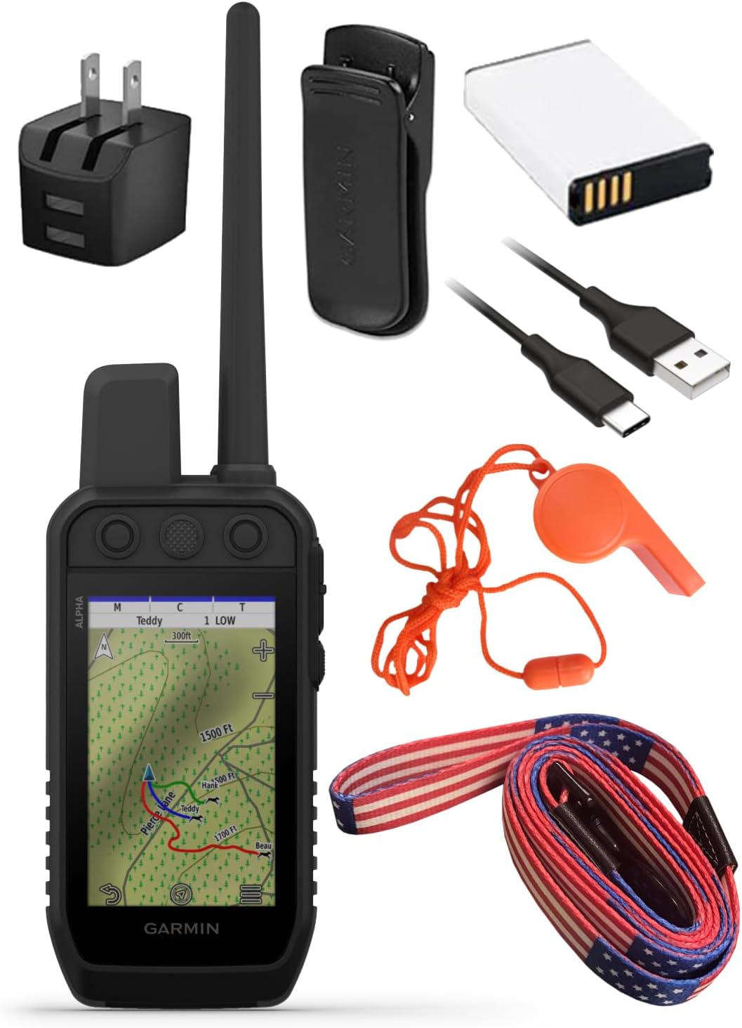 Wearable4U - Garmin Alpha 300 Handheld, Advanced Dog Tracking and Training Handheld, Touchscreen with Leash and Whistle Bundle