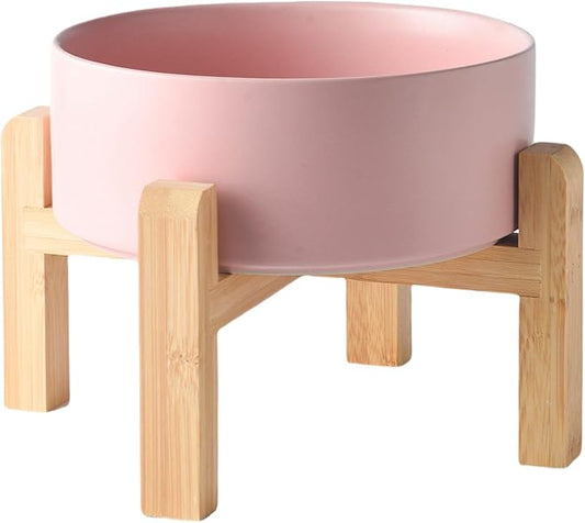 8'' Ceramic Raised Dog Bowl - 70Oz Dog Food & Water Bowl with Elevated Non-Slip Bamboo Stand, Dishwasher & Microwave Safe, Anti Vomiting Heavy Duty Pet Bowl for Medium and Large Dogs, Pink